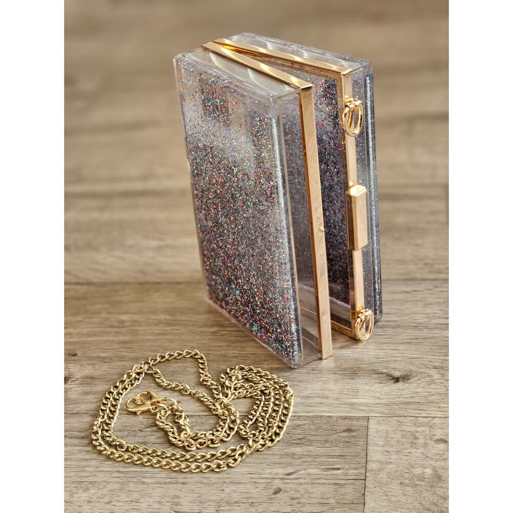 Steve Madden Multicolor Iridescent Glitter Acrylic Clutch Purse Box Metal Chain